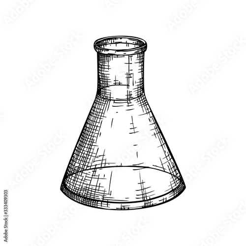 Medicine laboratory equipment sketch. Hand drawn glass conical flask illustration. Chemical ab measuring equipment drawing. Vector testing flask for science or medicine experiments in vintage style.