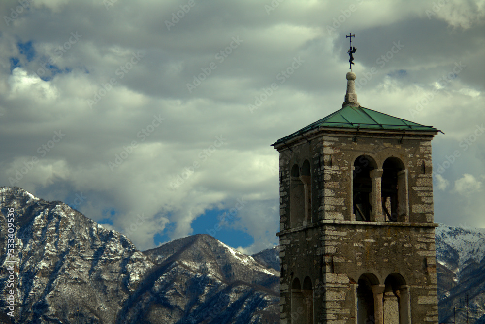 old church in the mountains,tower, architecture, religion, sky, building, old, blue,bell tower,landscape,view,cloud, history, clouds,