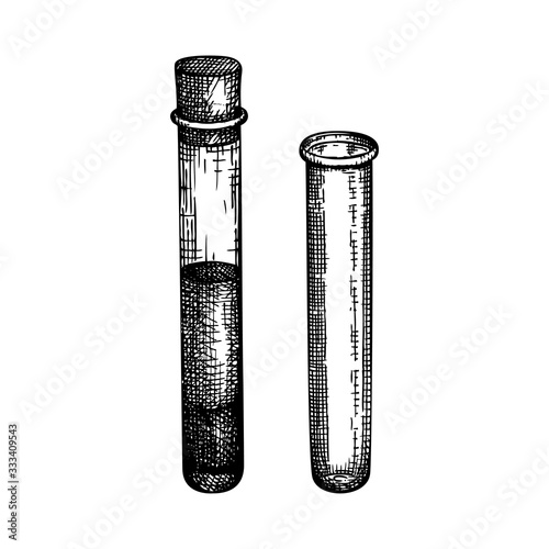 Laboratory equipment sketches set. Hand drawn glass tubes illustration. Chemical or medicine lab testing equipment. Vector tubes set for science experiments or medicine tests drawings. Engraved style.