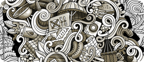 Picnic hand drawn doodle banner. Cartoon detailed flyer.