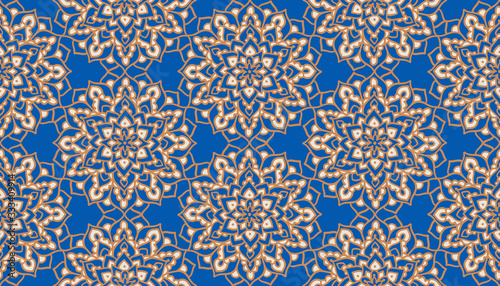 Hand-drawn mandala pattern. Seamless pattern with symmetrical abstract flower. Circular pattern.