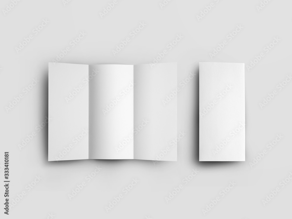 Template of open and closed standard booklet, blank leflet with realistic shadows, isolated on gray background, front view.