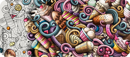 Ice cream hand drawn doodle banner. Cartoon detailed flyer.