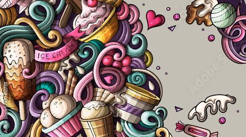 Ice cream hand drawn doodle banner. Cartoon detailed flyer.