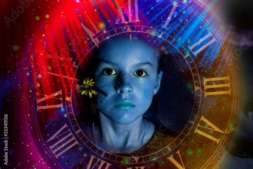 Art portrait of a child on a background of space and a clock, indigo