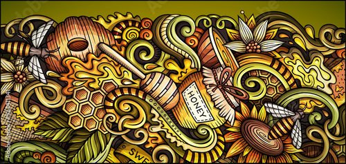 Honey hand drawn doodle banner. Cartoon detailed flyer.