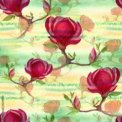 Seamless pattern. Watercolor. Magnolia - flowers and buds on a branch.Watercolor. The branches are blooming. Use printed materials  signs  objects  websites  maps. 