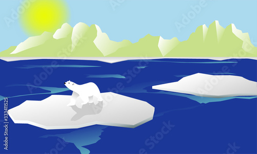 A polar bear on an iceberg rounded by the melting ocean, symbol of climate change or global warming