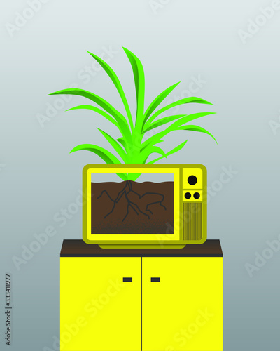 Plant growing out of a Retro TV in yellow Vector illustration