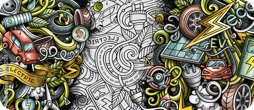 Electric cars hand drawn doodle banner. Cartoon detailed flyer.