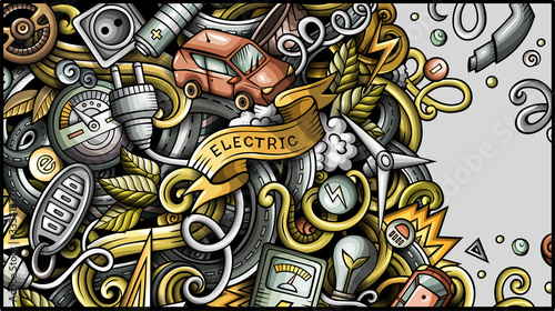 Electric cars hand drawn doodle banner. Cartoon detailed flyer.