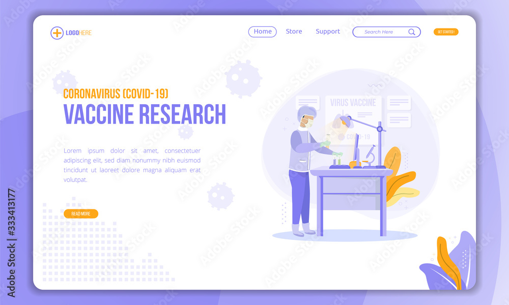 Flat illustration of research the Coronavirus vaccine on landing page template