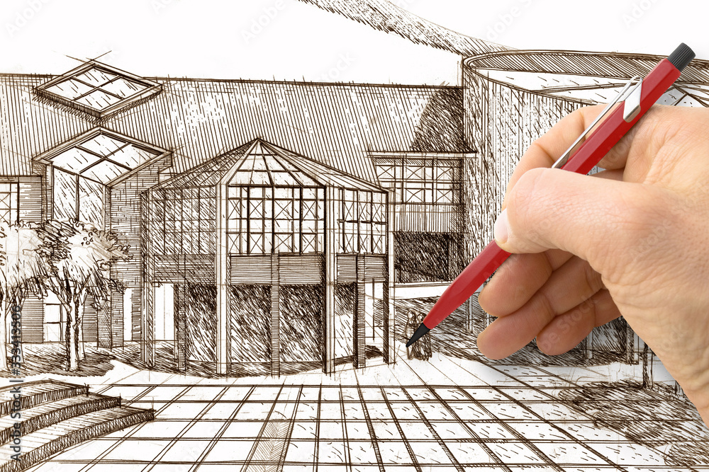 Design a new building - Engineer-architect drawing with a pencil a ...