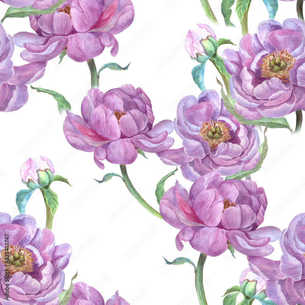 Flowers of peonies on the background of watercolor. Seamless pattern. Watercolor. Collage of flowers and leaves. Use printed materials, signs, objects, websites, maps.