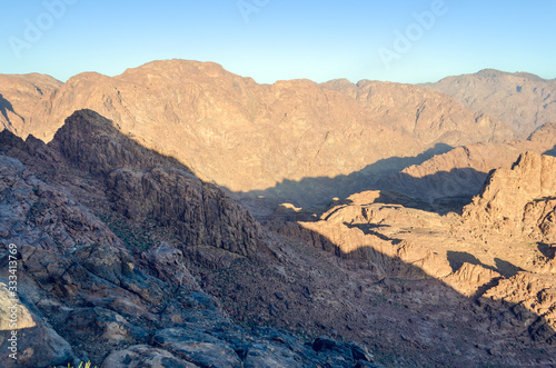 Mountain landscape at sunrise  view from Mount Moses  Sinai Peninsula  Egypt