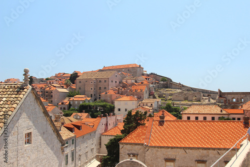Landscape views of the beautiful orange houses in the town of Dubrovnik, Croatia.