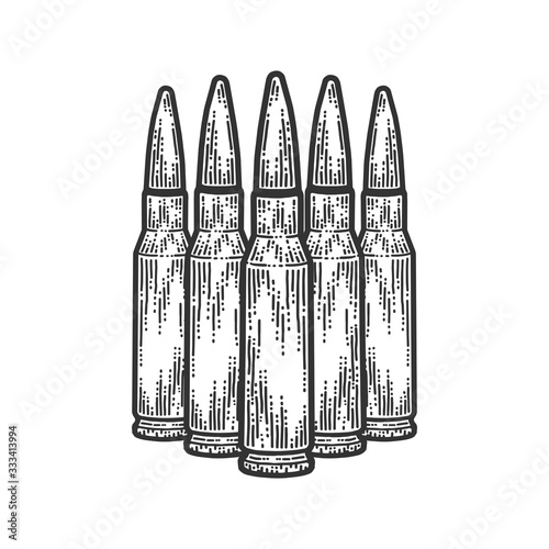 Five bullets stand nearby. Scratch board style imitation. Black and white hand drawn image.