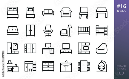 Furniture isolated icons set. Set of home furniture, loft table, double bed, bedding mattress, bean bag chair, tv stand, hallway furniture, rattan swing chair, wardrobe closet outline vector icon