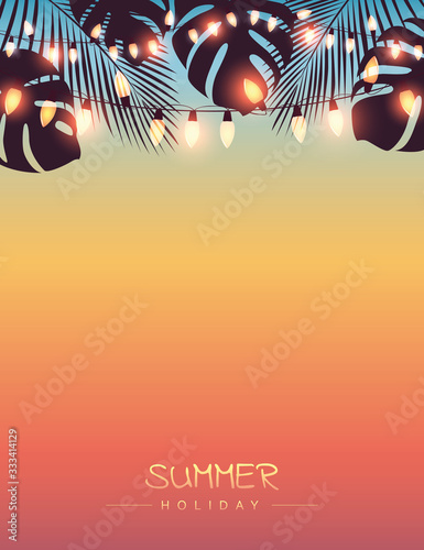 tropical summer paradise background with fairy light and palm leaves vector illustration EPS10