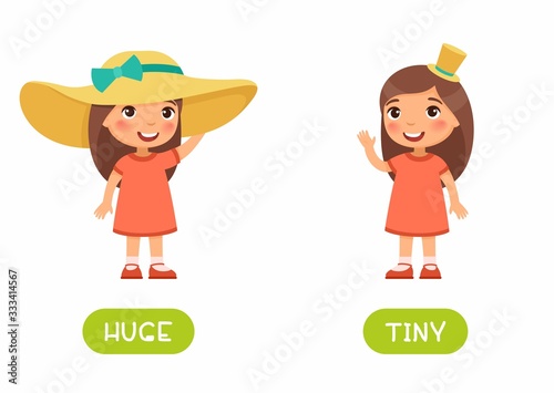 Huge and tiny antonyms flashcard. Word card for english language learning with flat character. Opposites concept.   Girl wearing big and small straw hat