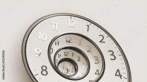 3D Illustration Classic Vintage Round Clock Spinning forward or backward infinity time. Old round Clock isolated with Clipping Path, Clipping Mask.