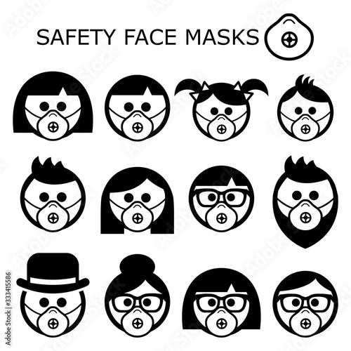People wearing safety face masks vector icons set - adults, children, seniors, masks worn to prevent disease, virus, air pollution, contaminated air