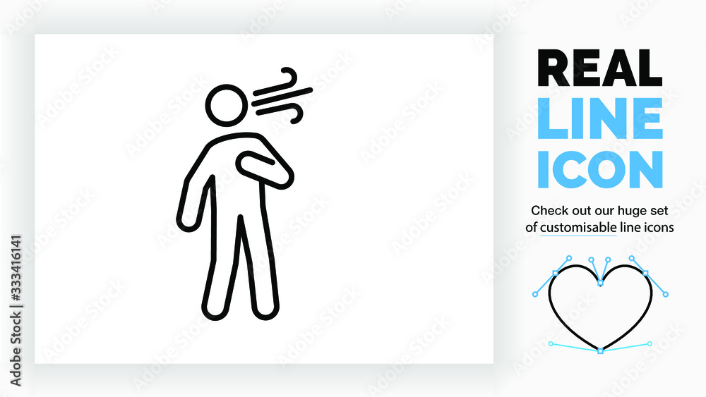 Obraz premium editable real line icon of a outline stick figure having trouble breathing gasping for air and blow out black lines in a modern and clean design on a white background