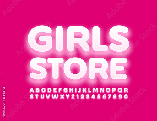 Vector trendy logo Girls Store. White Alphabet Letters and Numbers. Modern glowing Font
