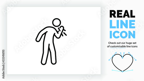 editable real line icon of a sick stick figure coughing and sneezing spreading the virus by salvia in the air in black clean and modern lines on a white background