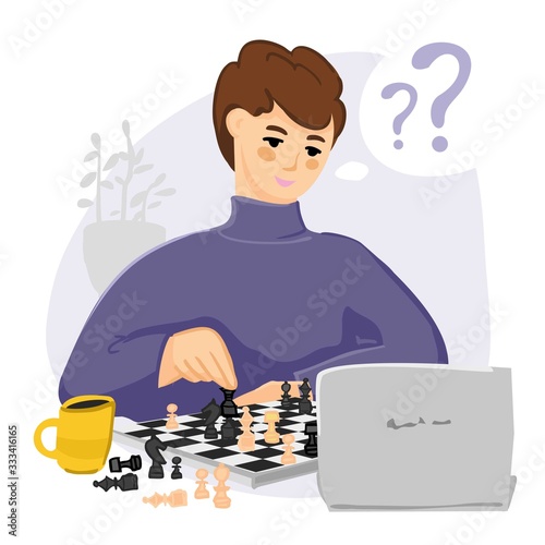 Young man plays chess online. Concept of a remote game during quarantine and self-isolation at home. Banner of a calm and comfortable lifestyle during the pandemic. Favorite hobby. Vector illustration