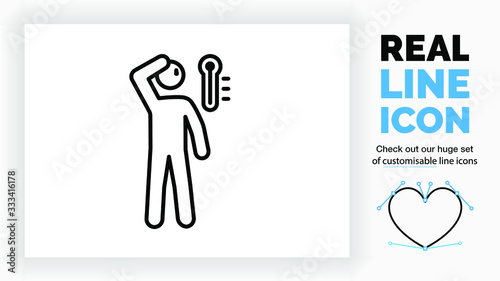 real line icon of a outline stick figure having a high fever and feeling hot with a thermometer showing high temperature and sweat on his head while feeling his head with his hand in black lines