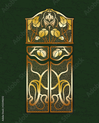 Art nouveau golden gates. Modern style door. Art deko. Green marble background. 