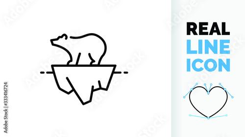 Polar bear on a small ice sheet because of global warming in the polar region in a real line icon file so you can edit the stroke weight in black modern lines on a clean white background