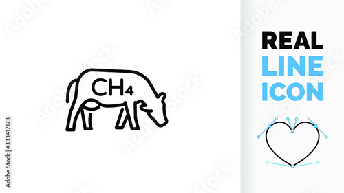 Vector editable line icon of a cow grazing but causing global warming by emitting methane CH4 as line art in a black stroke style on a white background photo