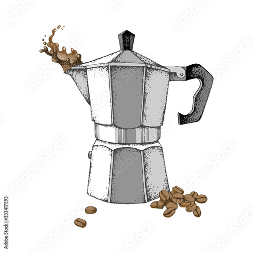 Hand drawn Italian coffee maker or moka pot isolated on white background