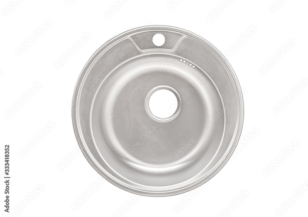 New modern metal sink in silver isolated on a white background, top view New modern metal sink in silver isolated on a white background, top view