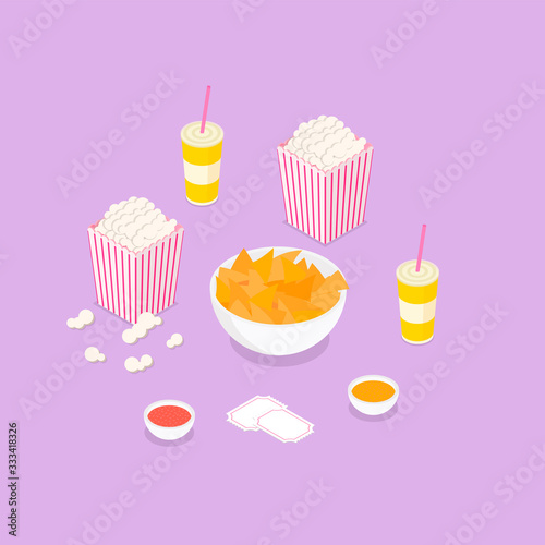 Snacks to have with a movie set. Isometric vector illustration in flat design.
