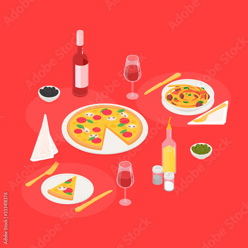 Dinner in an italian restaurant set. Isometric vector illustration in flat design.