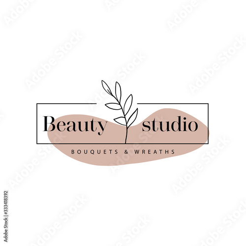 Beauty salon logo. Vector hand drawn logo template in elegant and minimal style Branch with leaves with text sample with abstract elements pastel colors. For business branding and identity.