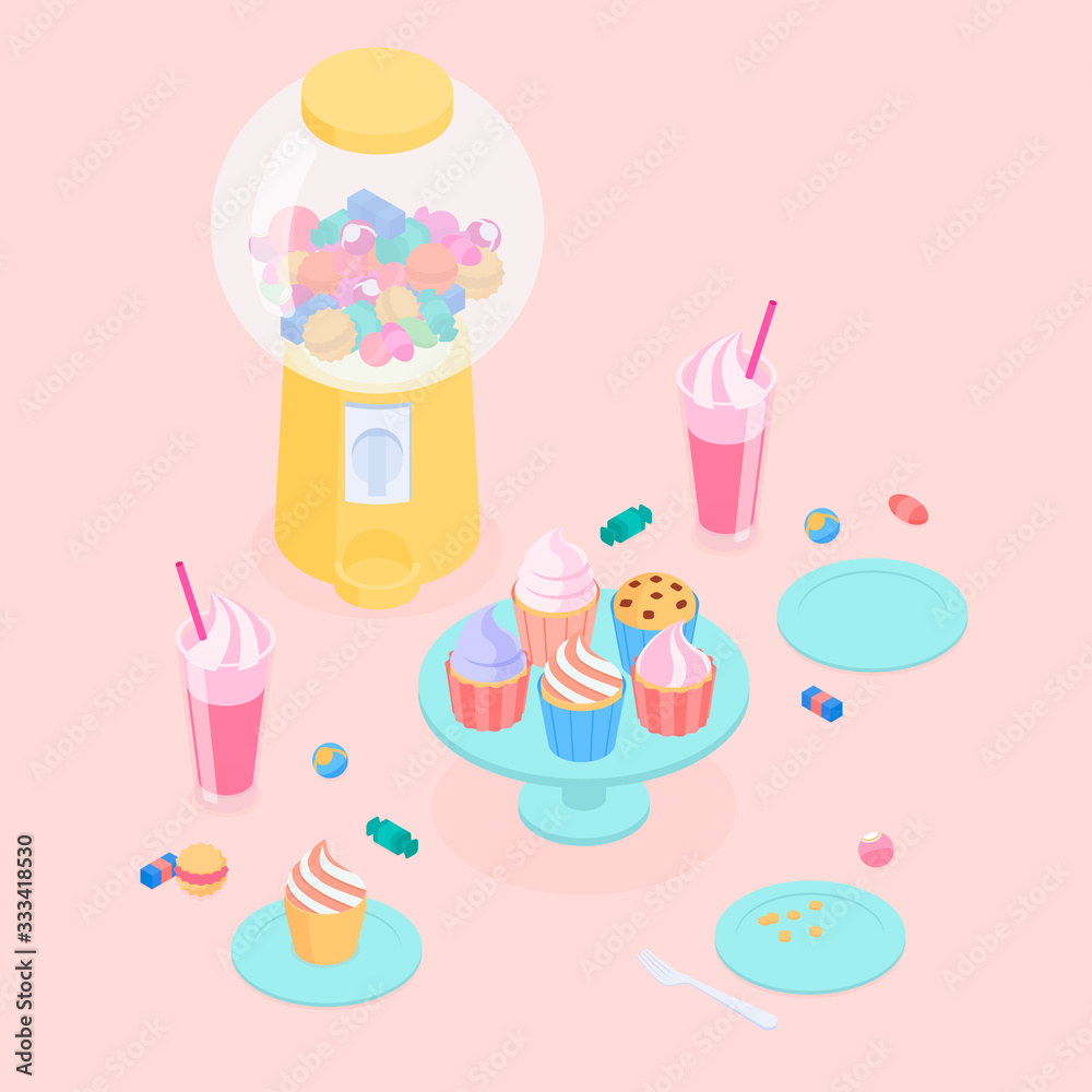 Pink candy store set. Isometric vector illustration in flat design. Pink candy store set. Isometric vector illustration in flat design.