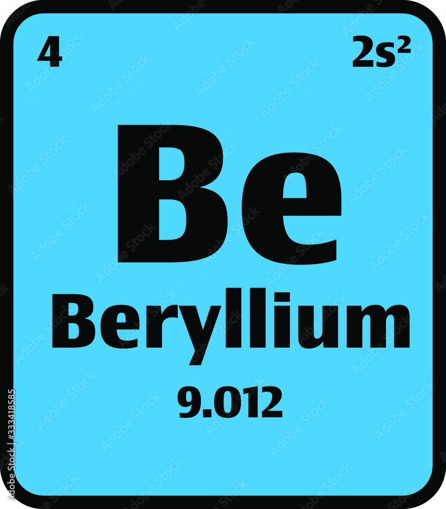 Beryllium (Be) button on blue background on the periodic table of elements with atomic number or a chemistry science concept or experiment.	