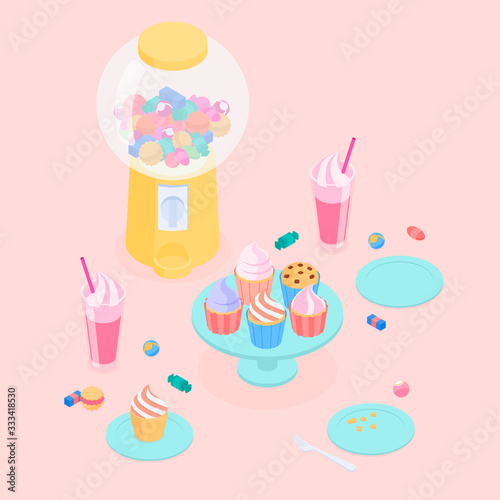 Pink candy store set. Isometric vector illustration in flat design.