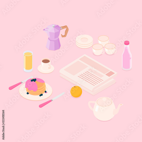Pink breakfast set with pancakes. Isometric vector illustration in flat design.