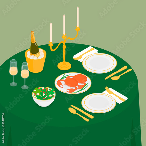 Romantic dinner in restaurant set. Isometric vector illustration in flat design.