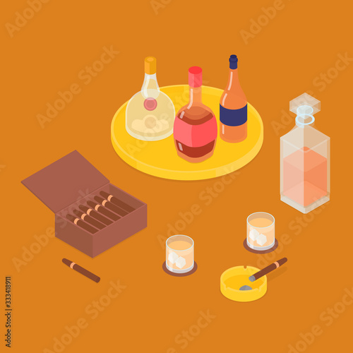 Smoking a cigar with drinks set. Isometric vector illustration in flat design.