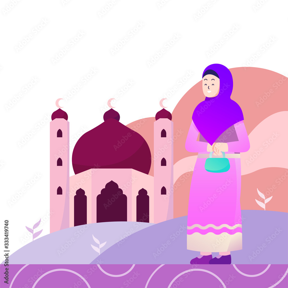 Girl go to Mosque flat illustration with gradient color background vector