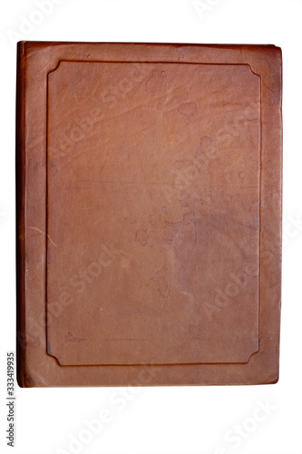 Antique brown aged leather cover with different spots isolated on white