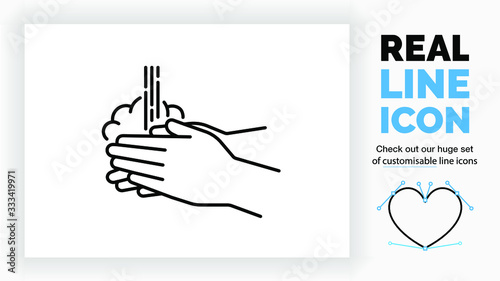 Editable real line icon of washing hands with soap for hygiene recommended by the world health organisation to prevent infection of the Corona virus in black modern lines on a clean white background