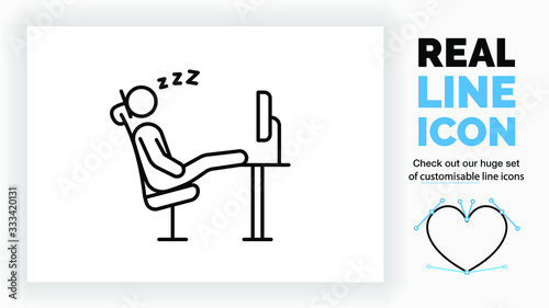 Editable real line icon of an employee stick figure sleeping on the job in his office chair with his feet on his desk with a computer on it in black modern lines on a clean white background in eps