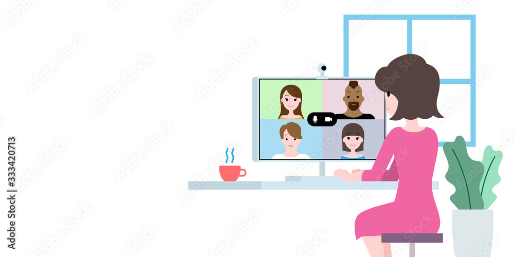 Work from home illustration video call group conference online communication
